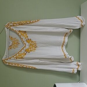 For The Republic Boho Peasant Long Sleeve Top Ivory Yellow Embroidery Sz L